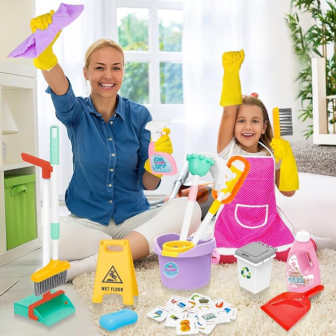 deAO Kids Cleaning Set 17 Pcs,Toy Cleaning Set Includes Broom,Mop,Brush,Dust Pan,Duster,Sponge,Clothes,Spray, Bucket, Caution Sign,Pretend Housekeeping Play Set