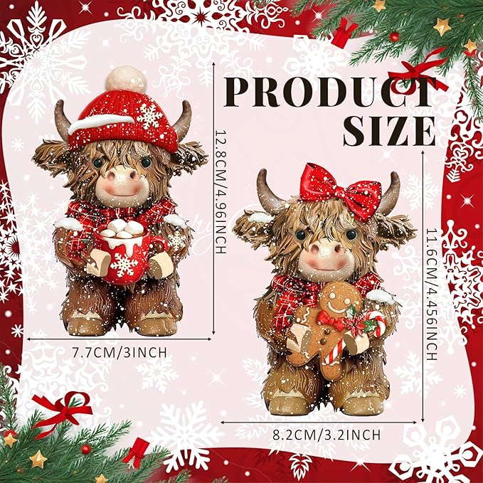 Burbell 2 Pcs Christmas Highland Cow Figurines Decor Cow Gnomes with Santa Hat Christmas Resin Statue Calf Lovers Gifts for Farmhouse Home Garden Bathroom Kitchen Office Tiered Tray Table Decor