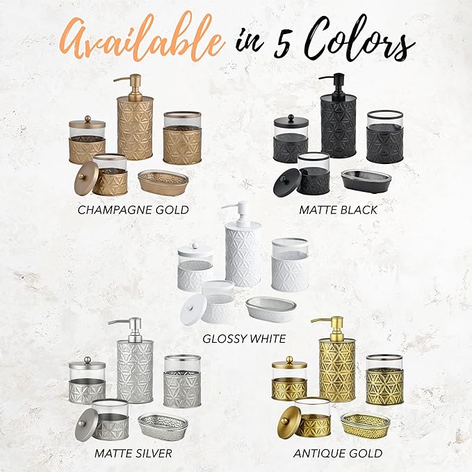 Autumn Alley Black Bathroom Accessories Set, 5 Pieces, Bathroom Decor - Black Soap Dispenser Bathroom Lotion Dispenser, Metal Toothbrush Holder, 2 Glass Apothecary Jars (Qtip Holder), Soap Holder