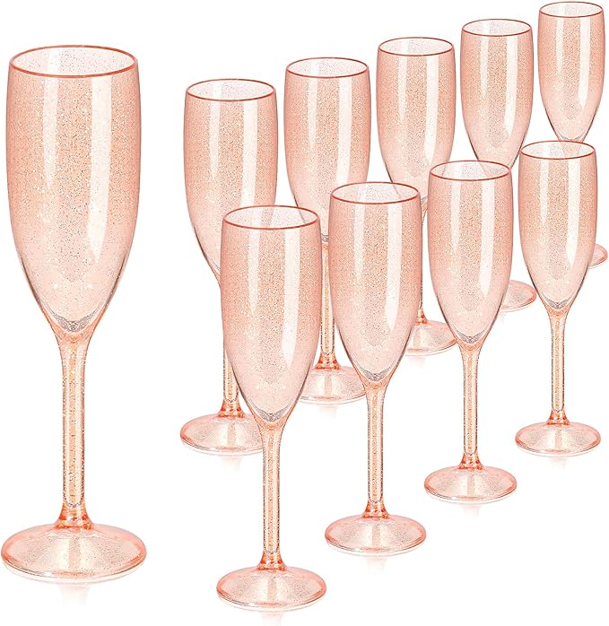 XUWAIDSGN 10 Pcs Reusable Champagne Flutes Plastic Wine Glasses Bulk Vintage Champagne Flutes Mimosa Bar Glasses Stemmed Drinking Cups 5.4OZ for Christmas Birthday Wedding Bride