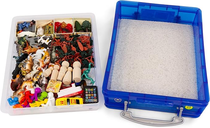 PTS Games Play Therapy Sand Tray Basic Portable Starter Kit with Tray, Sand, and 150+ Miniatures
