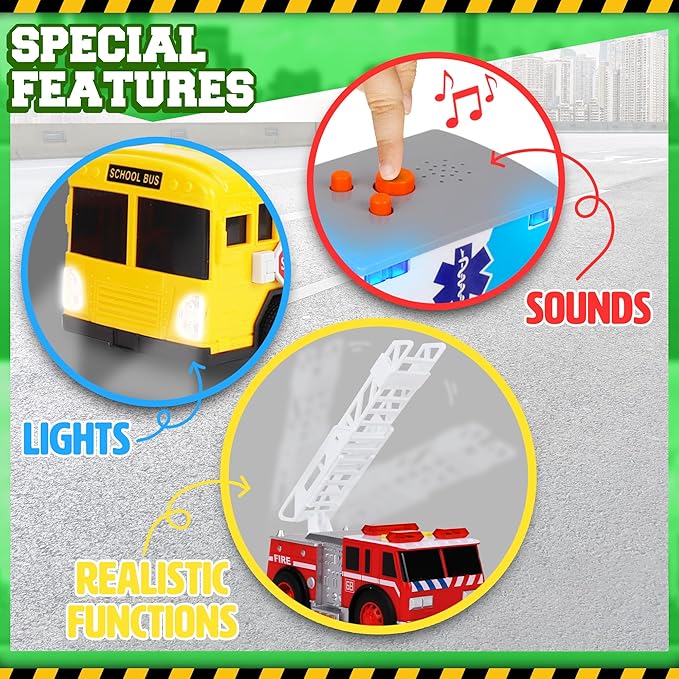 Playkidiz Toy Cars for Toddlers - 6Pcs Pull Back Cars Toys with Light and Sounds, City and emergency vehicles set, Including Police Car, Fire Truck, Ambulance, School bus, Tour Bus, Garbage Truck