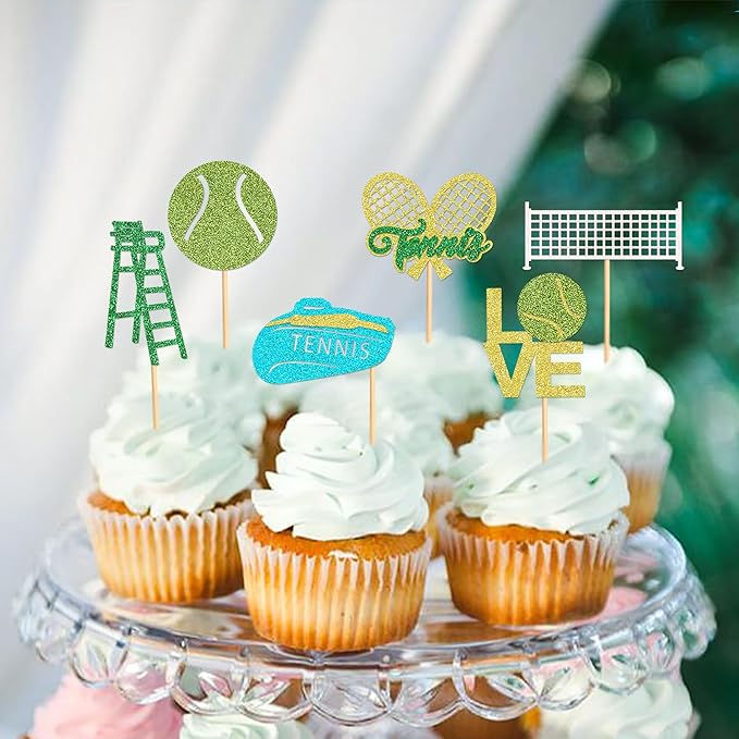 24 Pcs Tennis Cupcake Toppers Sports Ball Tennis Cupcake Picks Tennis Birthday Party Decorations Cake Decor for Sports Balls Theme Boys Girl Birthday Party Supplies