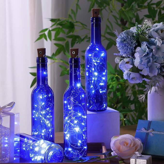 Rtteri 12 Sets Small Empty Wine Bottles with Cork Lights Centerpiece and 30 LED Battery Operated Cork Lights for Birthday Wedding Party Decoration(375 ml,Blue Bottle)