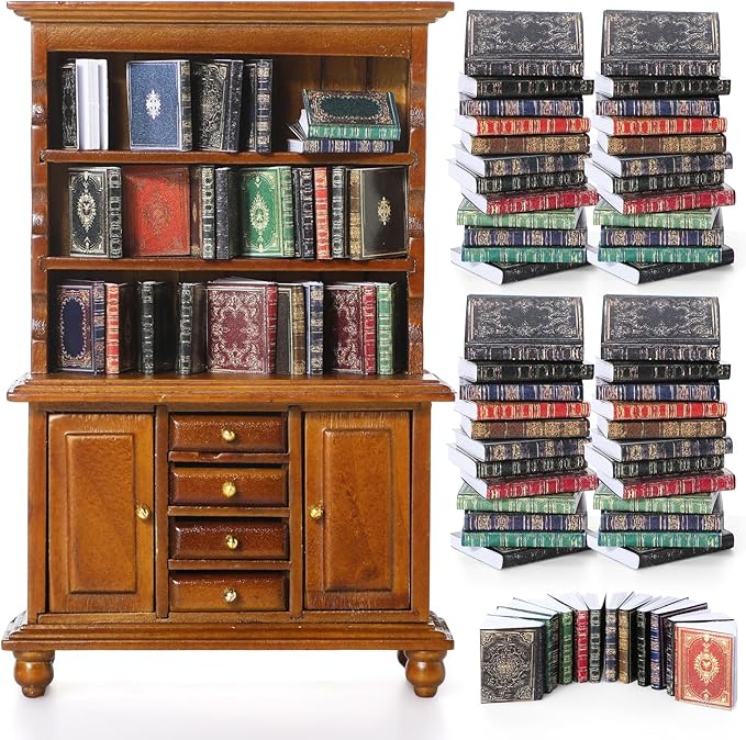 1:12 Scale Dollhouse Miniature Wooden Bookshelf Bookcase with 48 Pcs Miniature Books Mini Tiny Books for Dollhouse Mini Library Decoration Book Lover’s Reading Nook Gift(Brown)