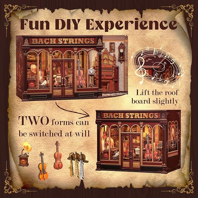 Cutefun Book Nook Kit - DIY Miniature Dollhouse Booknook Kits for Adults Teens, Musical Instrument Shop 3D Wooden Puzzle Bookend Bookshelf with LED Light, Gifts for Family and Friends (Bach Strings)