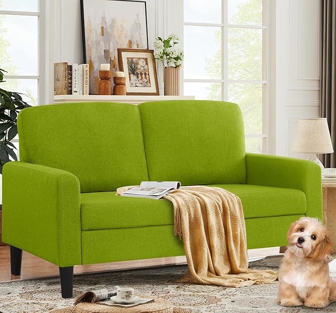 asunflower Small Loveseat 52Inch Small Space Couch Comfy Linen Fabric Love Seats, 2 Seater Sofa Office Couch Tool-Free Assembly for Bedroom,Drom Room,Kid's Room,Green