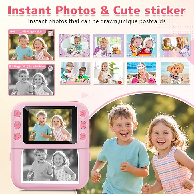 Instant Print Camera for Kids, Christmas Birthday Gifts for Girls Boys, 1080P Instant Digital Print Cameras for Toddler,Portable Toy for 4 5 6 7 8 9 10 Year Old Girl with 32GB SD Card，Pink