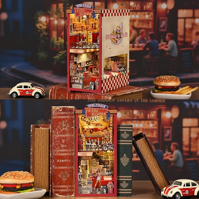 Book Nook Kit - DIY Miniature House Kit for Adults, Retro 1950s Diner Tiny House Building Kit with LED, Dollhouse Kit Bookshelf Insert Decor Gifts of Family and Friends (1950s Diner)