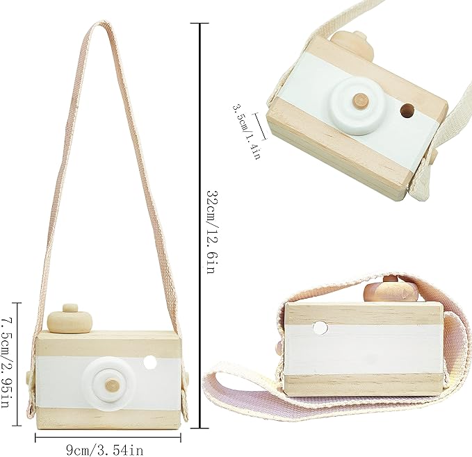 Baby Toy Wooden Mini Camera Toy, Baby Kids Cute Mini Sharpe Toy, Neck Hanging Photographed Props for Baby Toddlers Children Kids' Room Hanging Decor Gift (White-2)