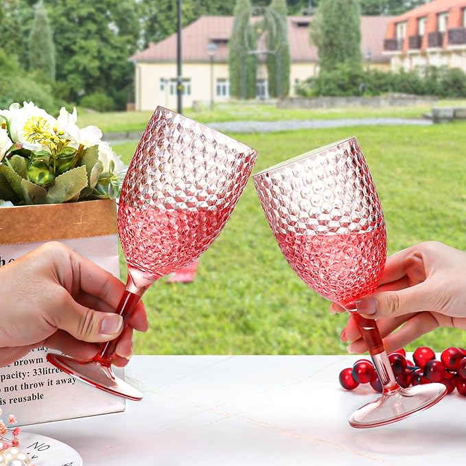 24Pcs Pink Plastic Wine Glasses 13.5oz Reusable Acrylic Wedding Goblets Toasting Glassware Unbreakable Wine Cups with Long Stem Crystal Drinking Glasses Champagne Flutes for Bar Restaurants Party