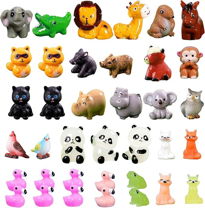 37 Pcs Mini Resin Animal Figurines for Dollhouse Fairy Garden Accessories Micro Landscape Decor Mystery Blind Bag with Tiger Elephant Owl Giraffe Panda Flamingo Fox Monkey Hippo