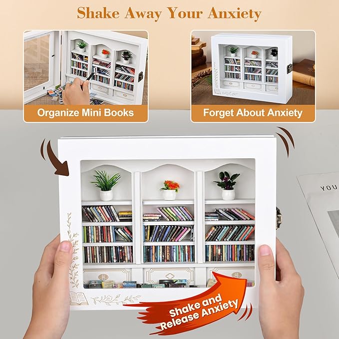 Anxiety Bookshelf with 200 Mini Books, Mini Library Decor, Shake Away Your Anxiety, Includes 1 Bookshelf, 3 Plant Flowers, and 1 Tweezers, Perfect for Book Lovers, Students, Family, and Friends