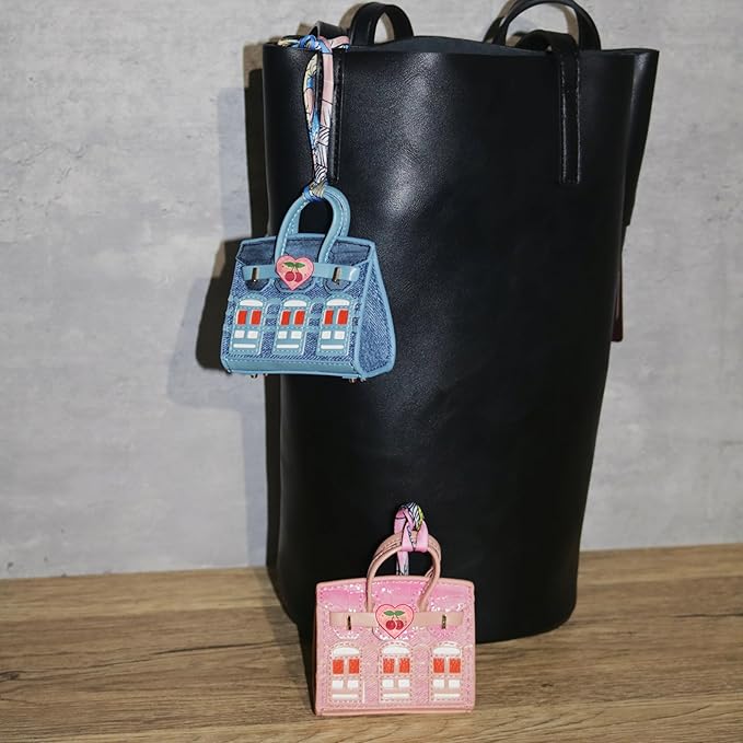 Buyborgood Women's 2 PCS Mini Tote Bag Charms Keychain Pouch Small Coin Purse Wallet (Peacock Blue + Pink)