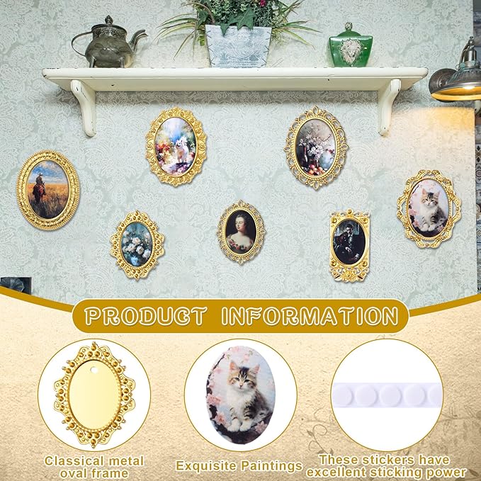 Halloscume 7 Pcs Miniature Dollhouse Accessories Picture Frames 1: 12 Scale Dollhouse Furniture Small Wood Photo Frames Mini House Decoration for Printed Paintings House DIY Art Craft (Gold)