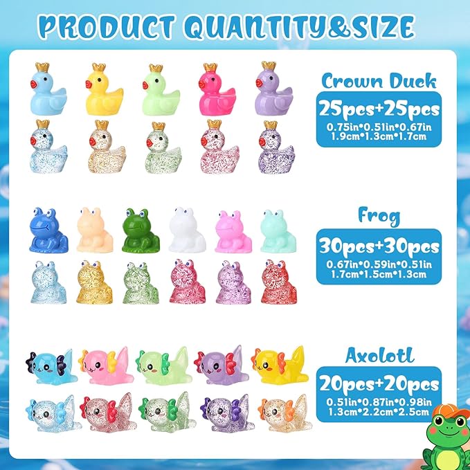 150pcs Mini Resin Animals, Miniature Animal Figurines to Hide, Tiny Resin Crown Ducks, Axolotls, Frogs for Party Favors Bag Fillers Dollhouse Decor(6 Styles)