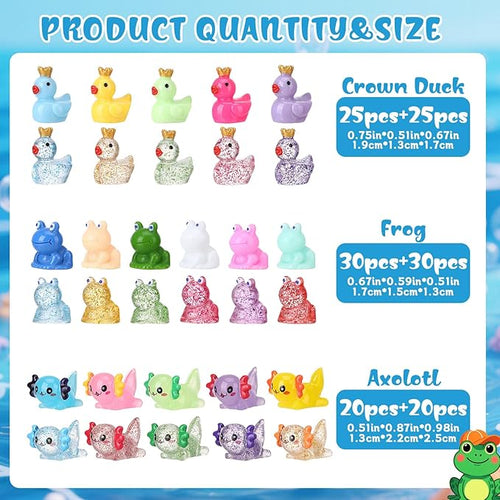 150pcs Mini Resin Animals, Miniature Animal Figurines to Hide, Tiny Resin Crown Ducks, Axolotls, Frogs for Party Favors Bag Fillers Dollhouse Decor(6 Styles)