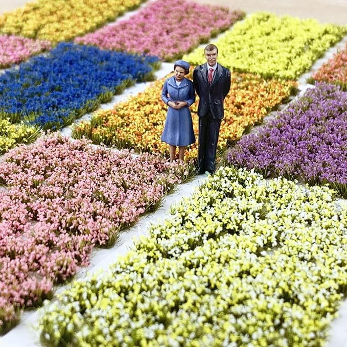 Woohome 2 Pack Miniature Colorful Flower Cluster Self Adhesive Flower Vegetation Groups Pink Orange Static Grass Tufts for Train Landscape Railroad Scenery Sand Military Layout Model