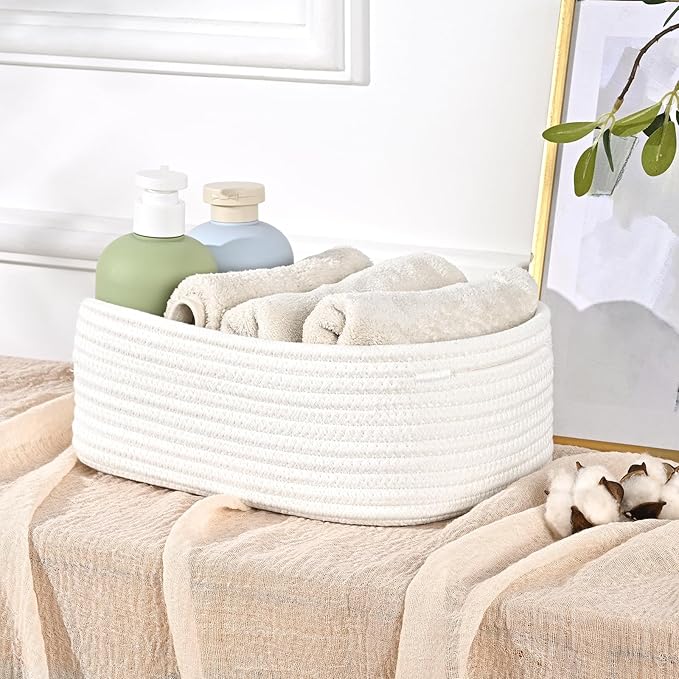Storage Baskets for Organizing, Small Woven Basket Set of 4 - Cotton Rope Baskets for Shelves, Organizer Baskets are Ideal for Nursery, Bedroom, as Gift Basket Empty for Baby Shower, Festival