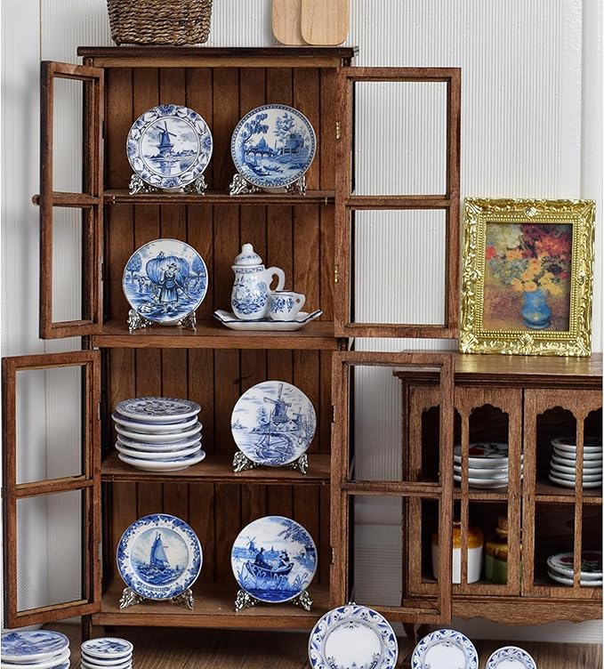 6PCS Handcrafted Miniature Ceramic Plates in 1:12 or 1:6 Scale, Vintage Porcelain Playhouse Dishes (Blue-White B, 2.3CM)