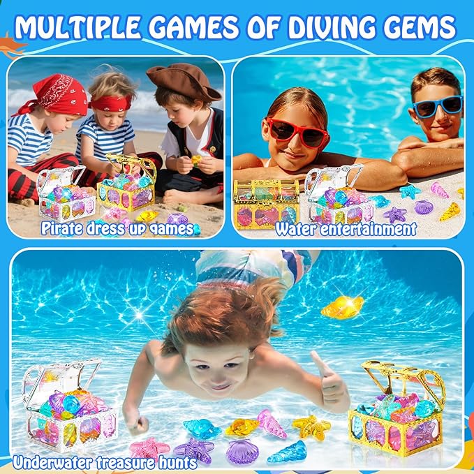 MARFOREVER 38 Pcs Pool Toys, 36 Diving Gems for Kids Colorful Sinking Diving Gems Assorted Crystals Gems with 2 Pirate Treasure Chest Boxes Mesh Bag for Boys Girls Swimming Beach Bathroom Water Toys