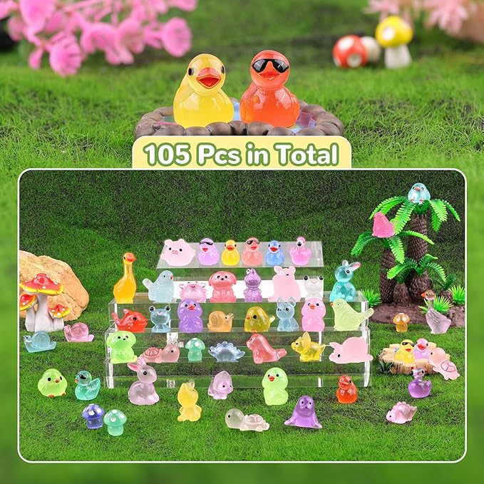 105PCS Mini Resin Animals Tiny Cute Figurines Glow in Dark, Miniature Figures to Hide, Little Animal Small Accessories for Topper Desk Garden Dollhouse Landscape Aquarium Ornaments Crafts & Decor