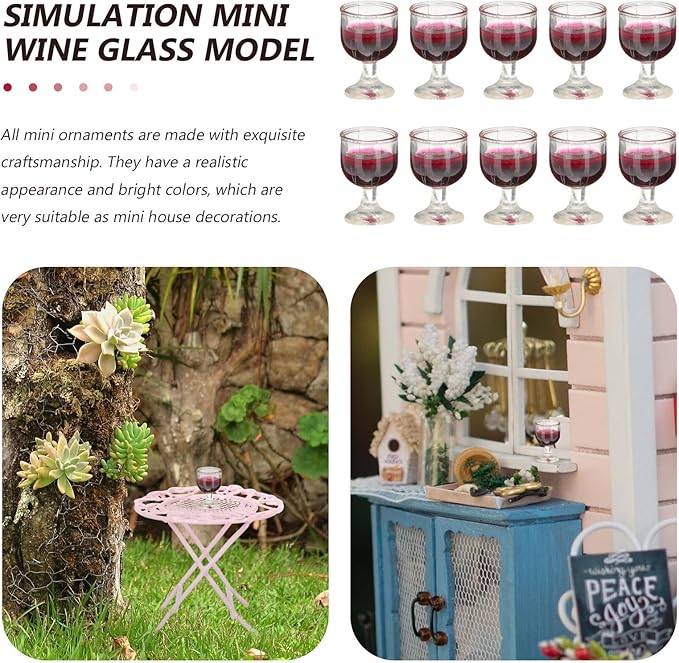 NUOBESTY 10Pcs Miniature Wine Glasses for 1/12 Dollhouse Accessories Small Red Glass Ornaments Kitchen Garden D Cor