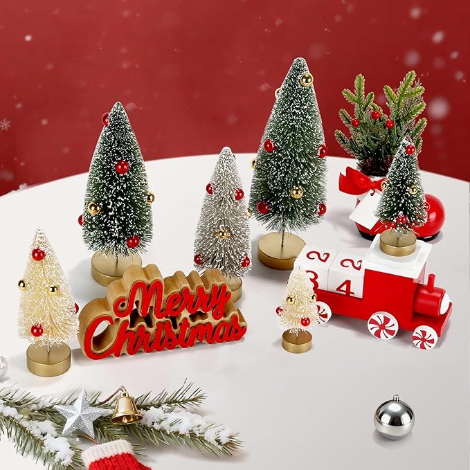 6 Pack Mini Christmas Trees, Small Miniature Frosted Bottle Brush Christmas Tree Decorations Tiny Tabletop Villiage Sisal Trees Decorated with Snow and Beads Winter Holiday Décor Assorted Sizes