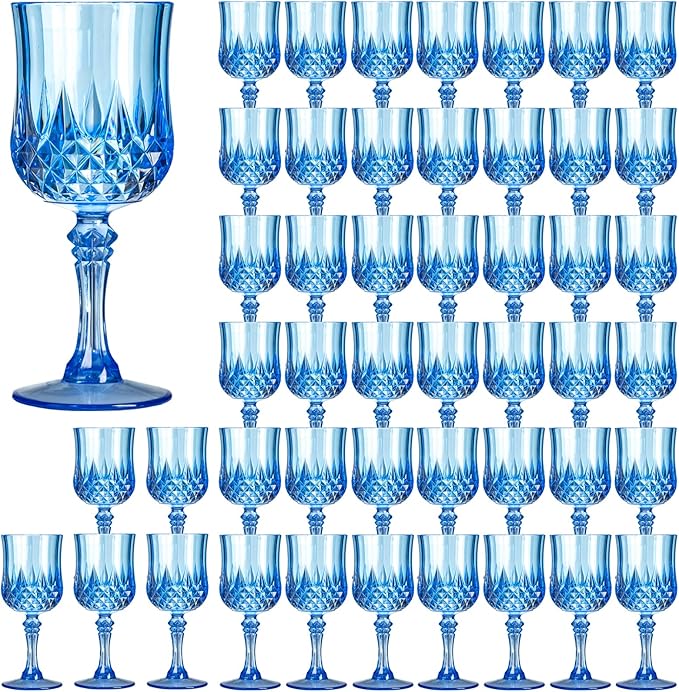XKXKKE 48 Pcs Blue Plastic Wine Glasses, Plastic Water Goblets for Parties, Stemmed Drinking Glasses for Wedding Reception, Grand Event Party Bar Supplies Reusable Drinking Cups