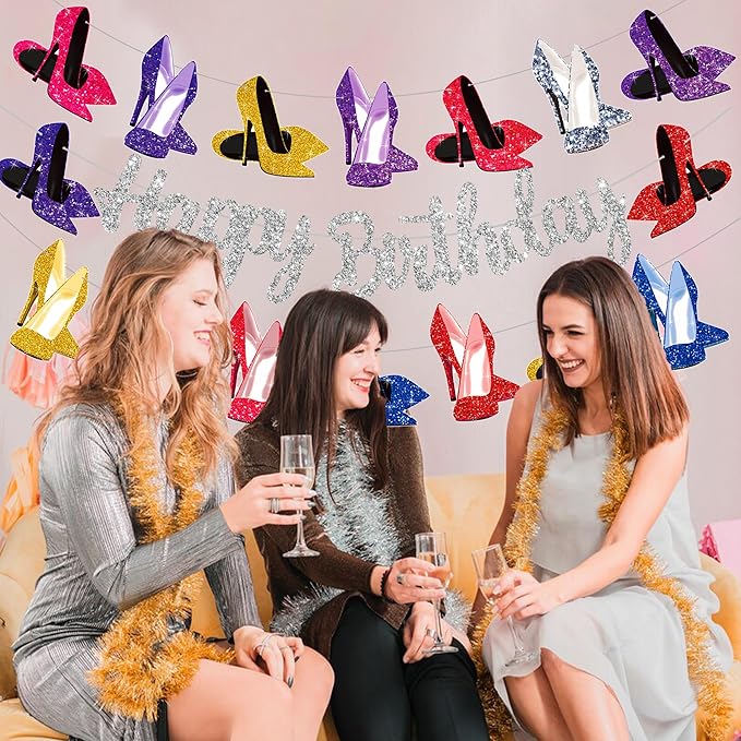 High Heel Shoes Banners Bridal Shower Engagement Party Decor Heel Birthday Party Decorations Silver Glitter High Heels Happy Birthday Banners for Girls Ladies Bridal Shower Supplies