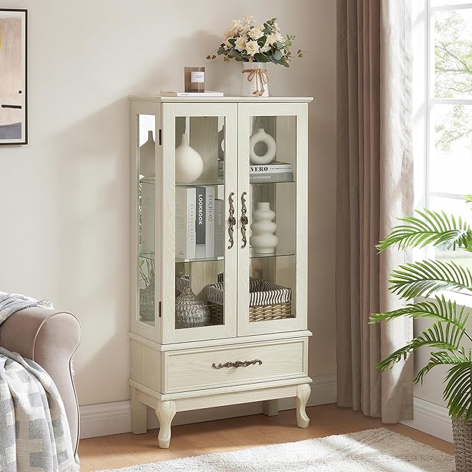 51"H Lighted Curio Display Cabinet with 2 Doors & 1 Drawer, Wooden Glass Curio Showcase w/ Adjustable Shelves & Mirrored Back Panel, Storage Cabinet Display Case for Living Room(Antique White)