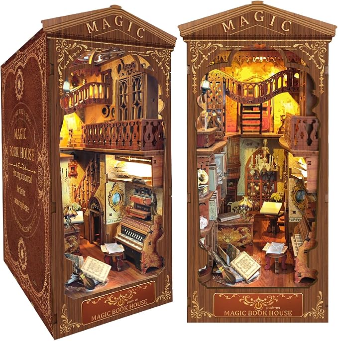 DIY Book Nook Kit 3D Puzzle Wooden Bookends Dollhouse Decorative Bookend Toy for Teenagers Stand Kit Model Kits for Adults to Build 3D Creativity Kit with LED Light