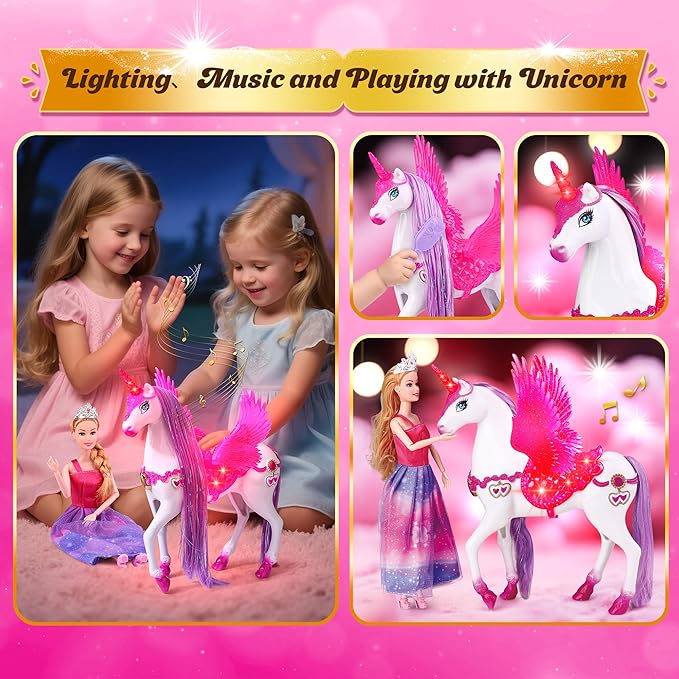 Baljinder Magic Unicorn & Princess Doll, Light-Up Unicorn Toys for Girls 3-6, Christmas Birthday Gifts for Kids Girls Aged 3 4 5 6 7 8