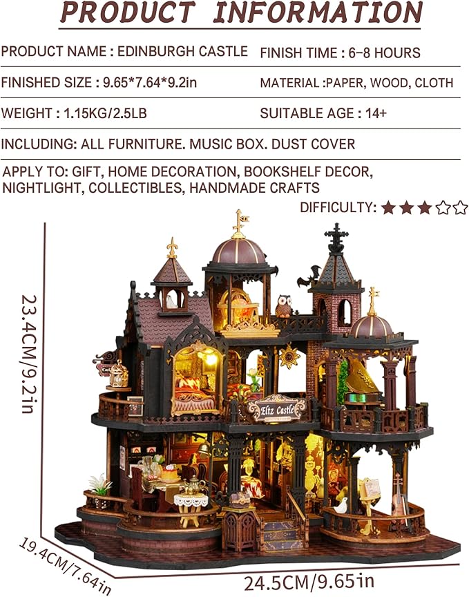 DIY Doll House, Edinburgh Castle Miniature House Kit 3D Wooden Puzzle with LED Lights and Music Box, House Building Kit for Home Decoration and Creative Gift for Adults & Teens
