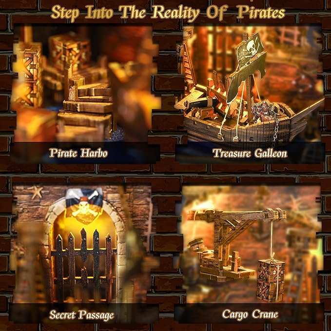 Pirate Book Nook Kit - DIY Miniature House Kit for Adults, Teens, Dollhouse Booknook Bookshelf Insert Decor with LED Light, 3D Wooden Puzzle Gifts for Family, Friends