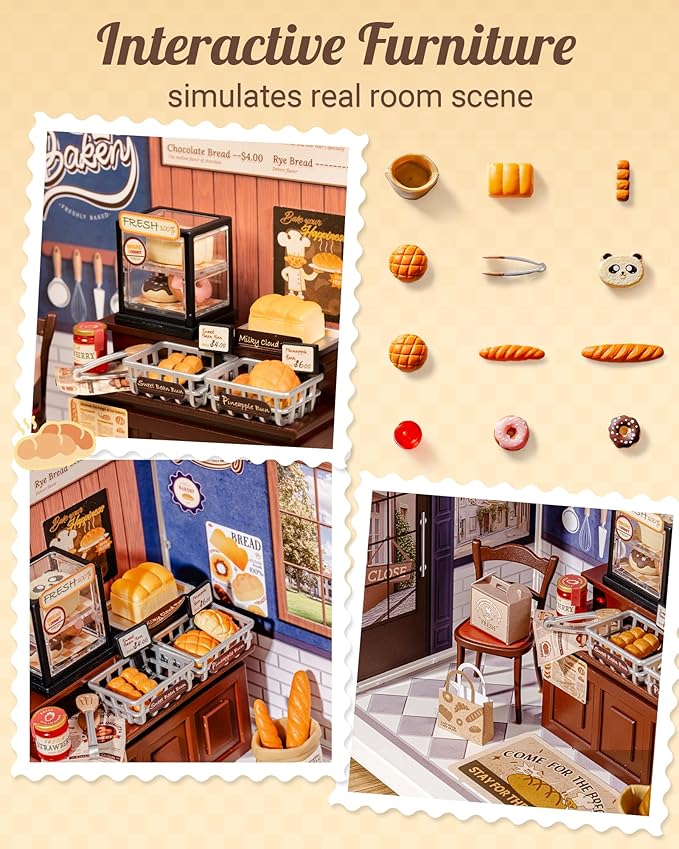 Rolife Super Creator Mini Store Playset DIY Miniature Kit with Dust Cover - House Toy Building Set Display Mini Collectibles Role Play Doll Figurines (Butter Bakery House)