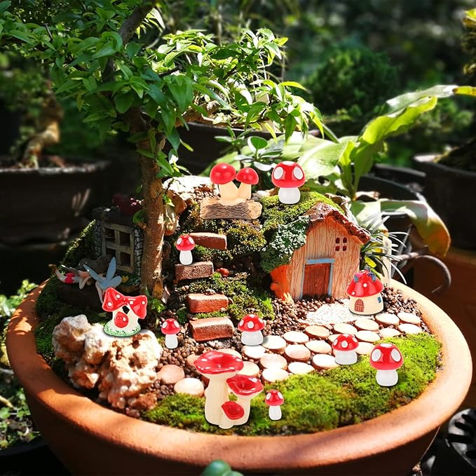 65 Pieces Mini Mushrooms Figurines Red Tiny Resin Mushroom Decor for Fairy Graden Craft Fake Mushrooms Moss Landscape DIY Terrarium Cake Topper Party Decoration Home Decor