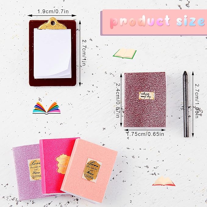 Sumind 4 Pieces Miniature Books with 8 Pcs Pencils and 2 Pcs Clipboards Mini House Decoration Accessories Coloring House Play Set for Miniature Room, DIY Crafting(Novel Style)