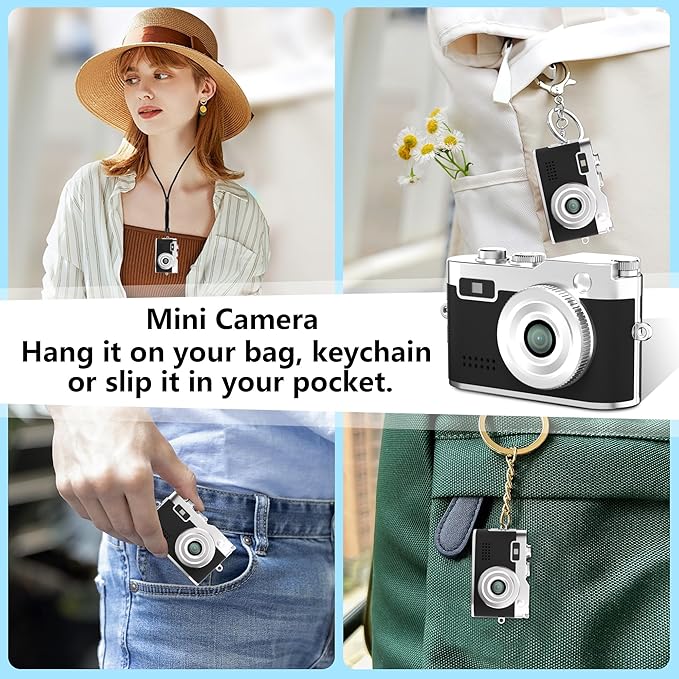 Mini Keychain Camera, 1080P Video Recorder, 0.96'' Display 12MP Retro Compact Tiny with 16GB SD Card, USB Adapt, 200mAh Battery, Lenane Digital Camera for Kids, Students, Travel, Daily (Black)