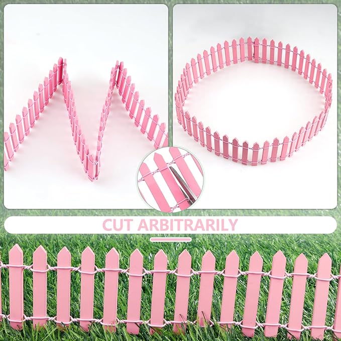 Mini Fairy Garden Fence, 35.5x2 Inch Cuttable Small Wood Picket Fence, DIY Miniature Accessories Decoration for Dollhouse, Crafts, Vegetable Platter, Cake(Pink)