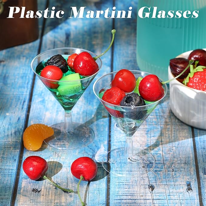 Yinkin 24 Pcs 2 oz Plastic Martini Glasses Disposable Clear Cocktail Dessert Parfait Glasses Unbreakable Mini Martini Cups for Wedding Party Bowl Wine Ice Cream (Stem)