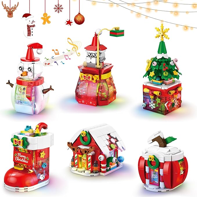 Christmas Building Blocks Set with Lights & Music - 6 Pack Christmas Ornaments - Santa Gift Bag, Snowman, Xmas Tree, Stockings, Apple House & Winter Cottage Building Blocks Gift Idea