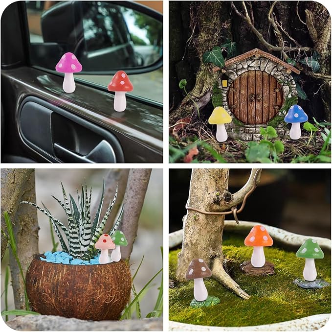 36 Pcs Wooden Mushrooms Figurines Tiny Wood Mushroom Miniature Colorful Mushroom Dollhouse Ornaments for Landscape Fairy Garden Plant DIY Table Office Desk Home Party Decor