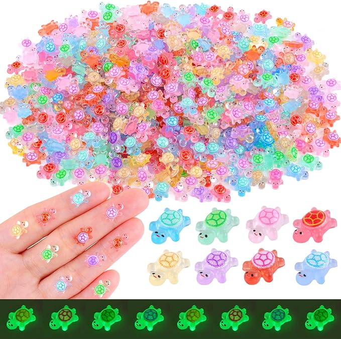 200PCS Mini Resin Animals Colorful Tiny Turtles Glow in Dark, Miniature Figures to Hide, Little Animal Small Figurines for Topper Desk Garden Dollhouse Landscape Aquarium Ornaments Crafts & Decor