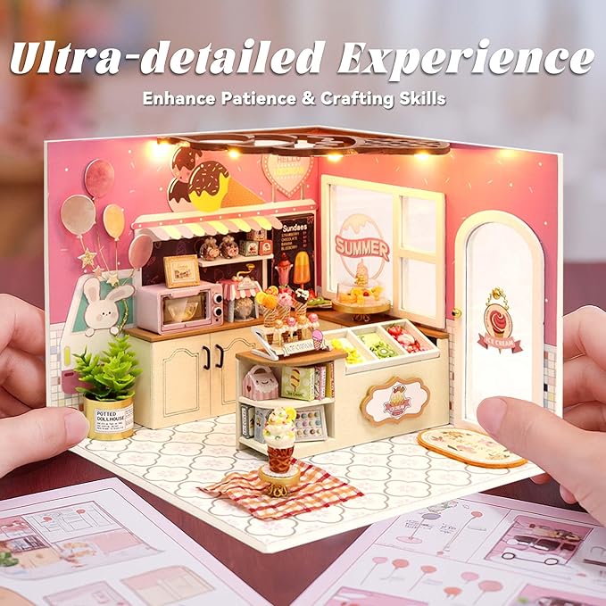 Flever DIY Miniature House Kit, Tiny Home Kit with LED Light, Mini House Build Craft Kits for Adults and Teens, Home Decor Creative Gift for Family/Friends (Happiness ice Cream Shop)