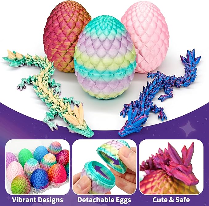 12PCS 3D Printed Dragon Eggs with Dragon Inside, Mini Dinosaur Eggs Articulated Crystal Animal Fidget Toy for Party Decor, Brithday Gift, Halloween