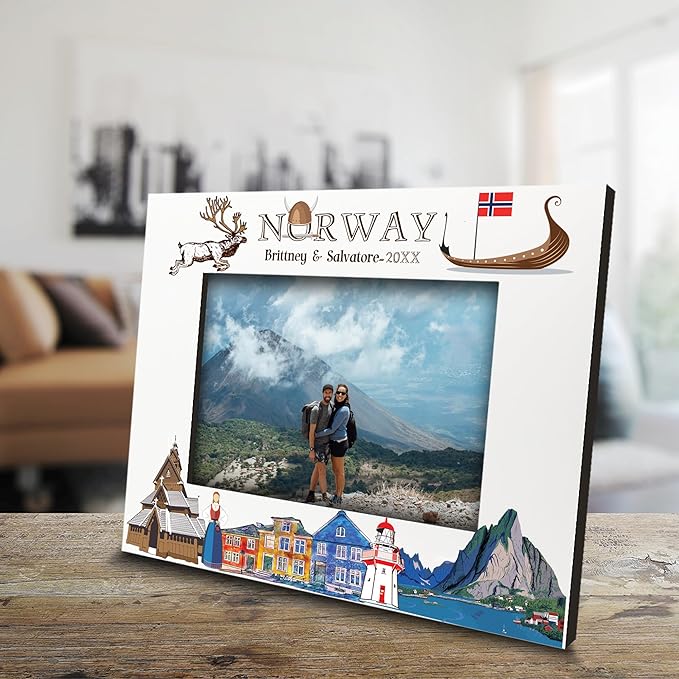 BELLA BUSTA-Personalized Europe Travel Picture Frame– Custom Print Photo Frame with City & Country-Honeymoon, Vacation, Adventure, Favor Keepsake (Norway (5x7 Horizontal))