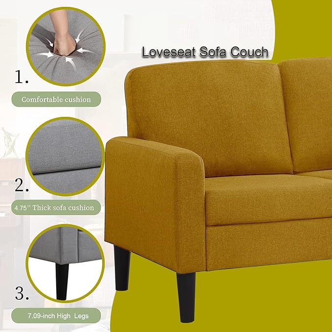 asunflower Small Loveseat Sofa 52 Inch Office Couch Yellow Comfy Linen Fabric 2 Seater Sofa Small Space Couch Tool-Free Assembly Love Seats for Bedroom,Drom Room,Kid's Room