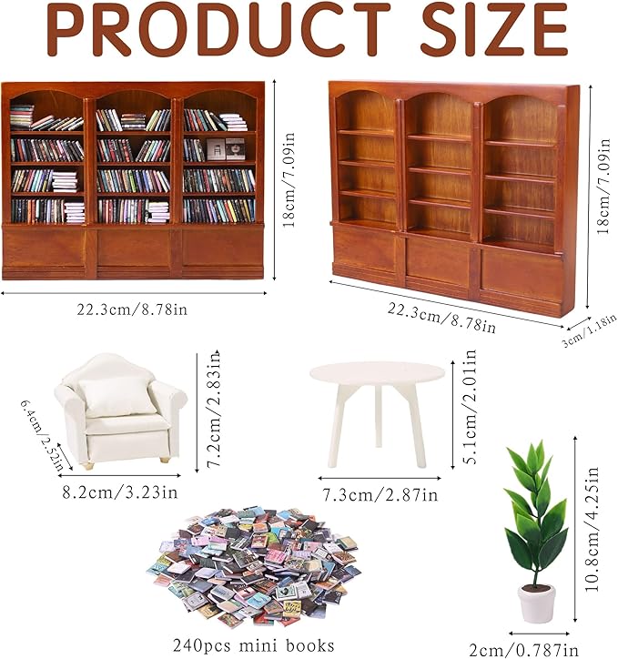 DIYDEC Mini Bookshelf with 240pcs Mini Books Sofa Desk Plant Miniature Anxiety Bookshelf Ornament Tiny Small Library Decor Shake Away Your Anxiety for Book Lovers Gift Home Room Office