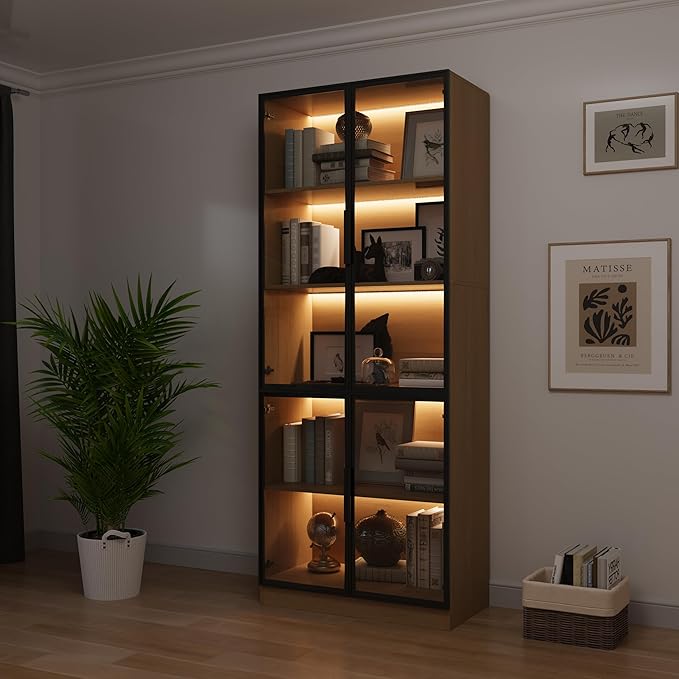 78.7" Display Cabinet with 4 Glass Doors, 5 -Tier Storage Cabinet with LED Lights, Tall Walnut Bookcase with Storage, Wooden Display Case for Collectible, Living Room, Office (Oak)